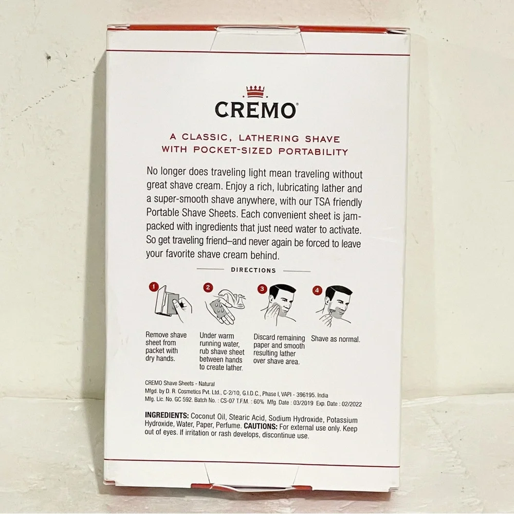 Cremo‎ Portable Shave Sheets Lathering Travel TSA Skin Care Mens NEW